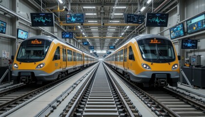 Poster - Modern Electric Trains on Tracks in High-Tech Rail Maintenance Facility