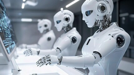 Poster - Scientists in Laboratory Using AI Powered Robot for Research Advancement