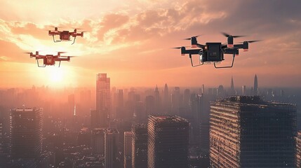 Poster - Sunset Over City Skyline with Autonomous Delivery Drones in Flight
