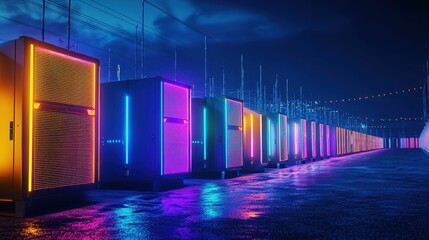 Poster - Dynamic Nighttime View of Modern Battery Storage Facility