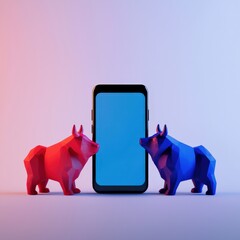 Poster - a bull and bear standing in front of a smartphone showing a trading app.