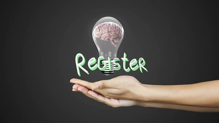 Poster - Holding light bulb with brain and Register text, hands showing animation concept