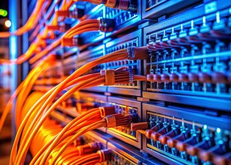 Poster - Macro Shot: Glowing Orange & Blue Server Room Cables