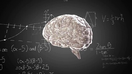 Poster - Animation of brain with mathematical equations and graphs on dark background