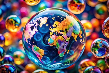 Poster - Macro Shot of Colorful Chat Bubbles on a Spinning Globe, Global Communication Concept
