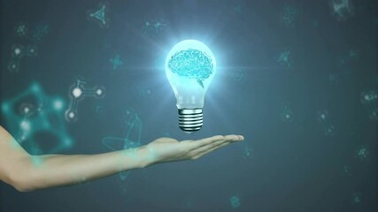 Poster - Holding glowing light bulb with brain, hand surrounded by digital animation symbols