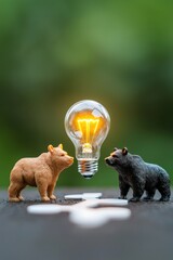 Poster - a bull and bear standing on a graph with a lightbulb.