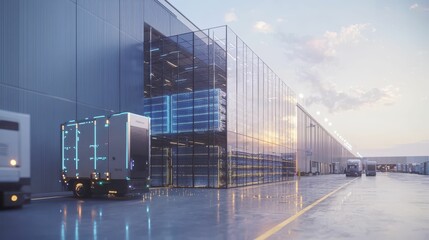 Poster - Futuristic Distribution Center with Automated Trucks and Glass Facade