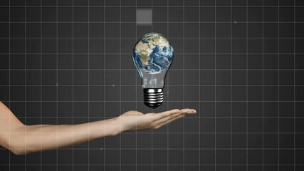 Poster - Holding light bulb with Earth inside, hand against grid background animation