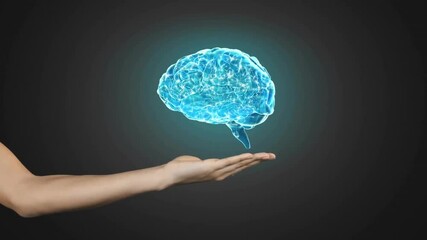 Poster - Holding glowing digital brain animation, hand against dark background