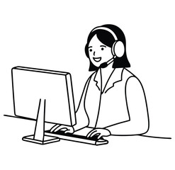 Leinwandbilder - Female customer service operator line drawing  in front of a computer with a headset.