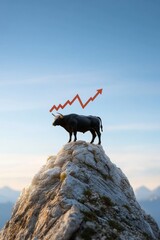 Poster - A bull standing on a mountain peak with a graph showing exponential growth.