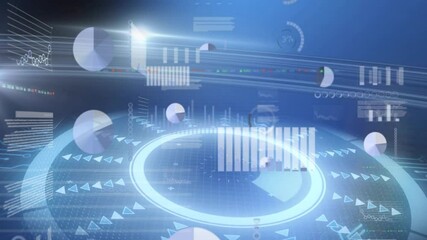 Poster - Animation of digital data charts and graphs floating over futuristic blue background