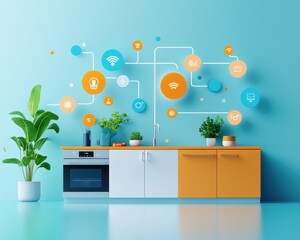 Poster - a colorful kitchen with icons displaying smart features