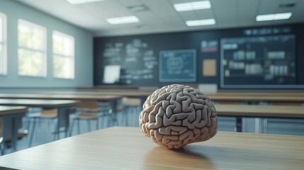 Poster - A realistic representation of a human brain placed on a table symbolizing knowledge and adaptive learning concepts