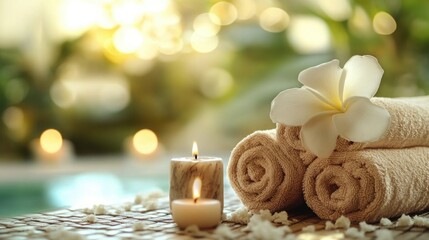 Poster - A relaxing setup featuring soft towels and elegant candles on a table for a spa-like body relaxation experience
