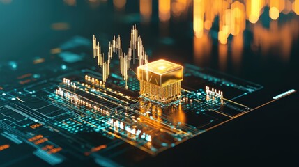 Poster - a conceptual image of a glowing gold circuit board with a trading graph.