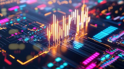 Poster - a conceptual image of a glowing gold circuit board with a trading graph.