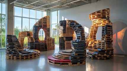 Poster - Modern Artistic Composition of Recycled Pallets in Bright Interior Space