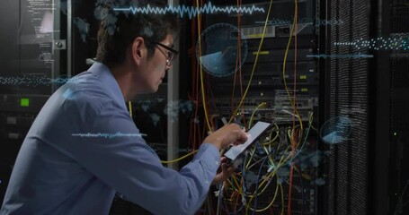 Poster - Analyzing data on tablet, technician in server room with animation interface