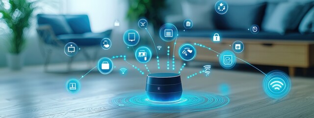 Poster - a digital assistant projecting icons of connected devices and productivity apps