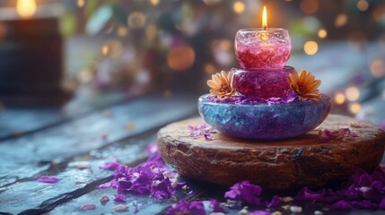Aufkleber - Elegant candle surrounded by colorful flowers creating a serene atmosphere for healing rituals and relaxation