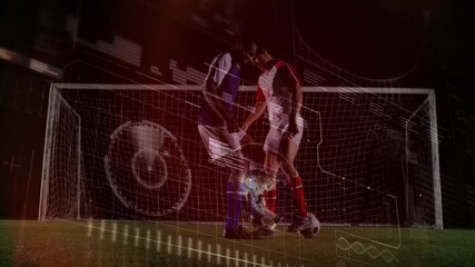 Poster - Competing soccer players on field with digital animation graphics overlay