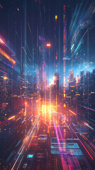 Poster - Dynamic urban experience futuristic city digital artwork night scene aerial view technology exploration