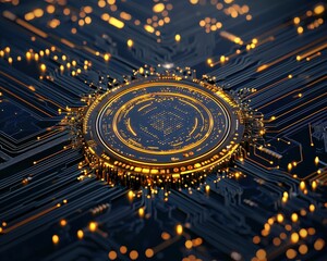 Poster - a futuristic concept of gold-backed cryptocurrency tracking price trends.