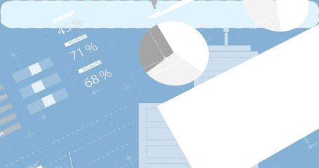 Poster - Animation of geometric shapes with world map and data charts on blue background