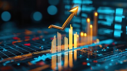 Poster - a golden arrow pointing upwards on a bar graph representing rising gold values.