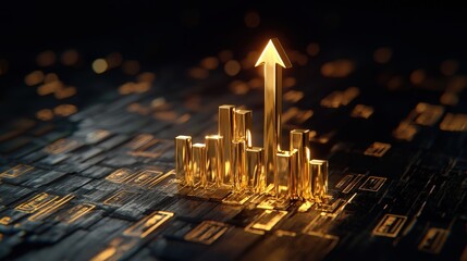 Poster - a golden arrow pointing upwards on a bar graph representing rising gold values.