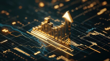 Poster - a golden arrow pointing upwards on a bar graph representing rising gold values.