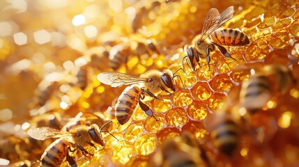 Fototapete - Cutaway 3D visualization of a beehive, illustrating worker bees feeding larvae, queen bee laying eggs, and honey production in golden honeycombs.