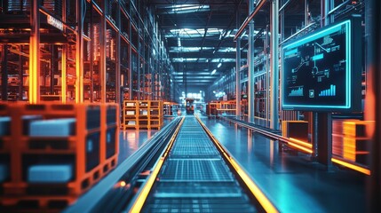 Poster - High-Tech Warehouse Interior with Vibrant Design and Interactive Elements