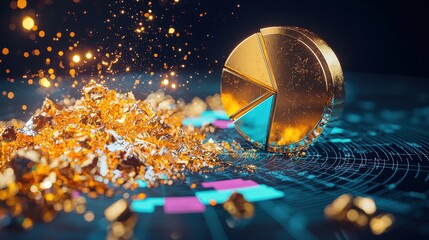 Poster - A macro shot of gold dust with a pie chart showing market distribution.