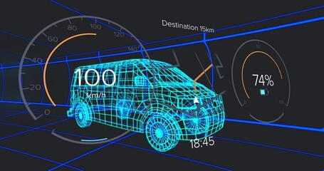 Poster - Showing animation, futuristic car dashboard with speed, destination, battery level