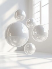 Poster - Floating 3D shapes create an elegant atmosphere with soft shadows and reflections in a futuristic space