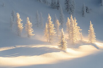 Wall Mural - sunlit snow-covered fir trees on a snowy hillside at sunrise.