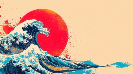Poster - Japanese Wave Art Pattern, traditional ukiyo-e design, fluid lines, rhythmic shapes, bold black outlines, simple colors, cool neon palette, ideal for creative projects.