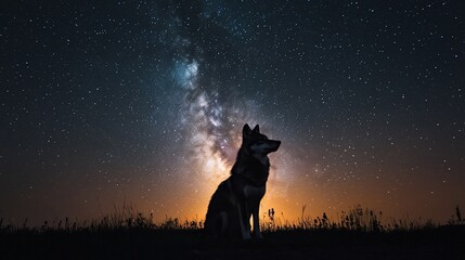Wall Mural - silhouetted dog gazing at a vibrant night sky filled with stars and the milky way galaxy.