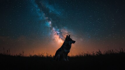 Wall Mural - silhouette of a dog sitting in a field at night under the milky way galaxy.