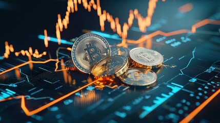 Poster - A pile of gold coins with a glowing line chart showcasing market trends.