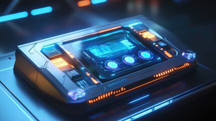 A futuristic interactive toy console with holographic display elements and sleek modern design --ar 16:9 --v 6.1 Job ID: 40c57719-2513-460f-b9ac-14b6b7b83738