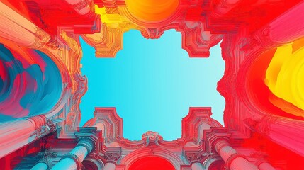 Poster - Renaissance-Inspired Vector Background, intricate line art with bold outlines, simple solid colors, geometric style, cool neon palette, perfect for creative projects.