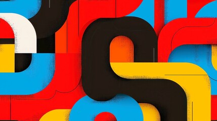 Poster - Roman Mosaic Tile Pattern, a seamless design featuring bold black outlines, simple solid colors, historical tessellations, influenced by pop art, with a cool neon-lit color palette.