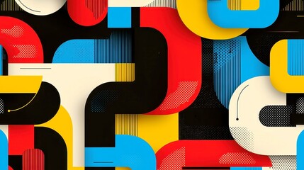 Poster - Roman Mosaic Tile Seamless Pattern, bold black outlines, simple solid colors, geometric style, historical decorative tessellations, cool neon color palette, pop art influence