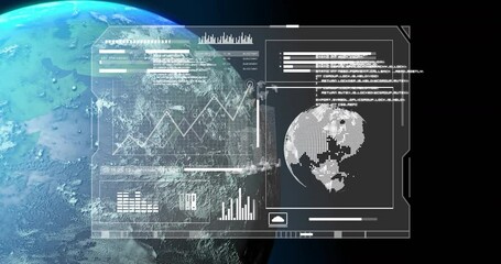 Poster - Animation of Earth from space with digital interface displaying data and graphs