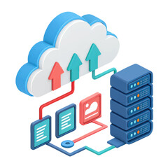 Aufkleber - 3D illustration of cloud computing with data transfer between cloud storage and servers, featuring colorful arrows and digital icons
