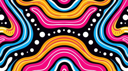 Poster - Aboriginal Dot Art Seamless Background, vibrant and symbolic patterns, bold black outlines, simple solid colors, geometric style, cool neon-lit color palette, cultural depth.